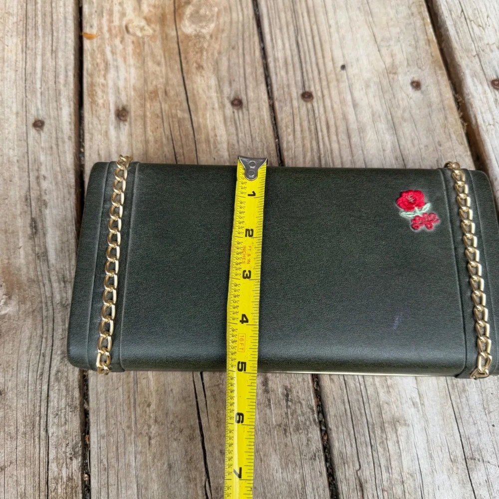 Vintage Dante Green Faux Leather Jewelry Valet Box Gold Chain Floral Rose Accent